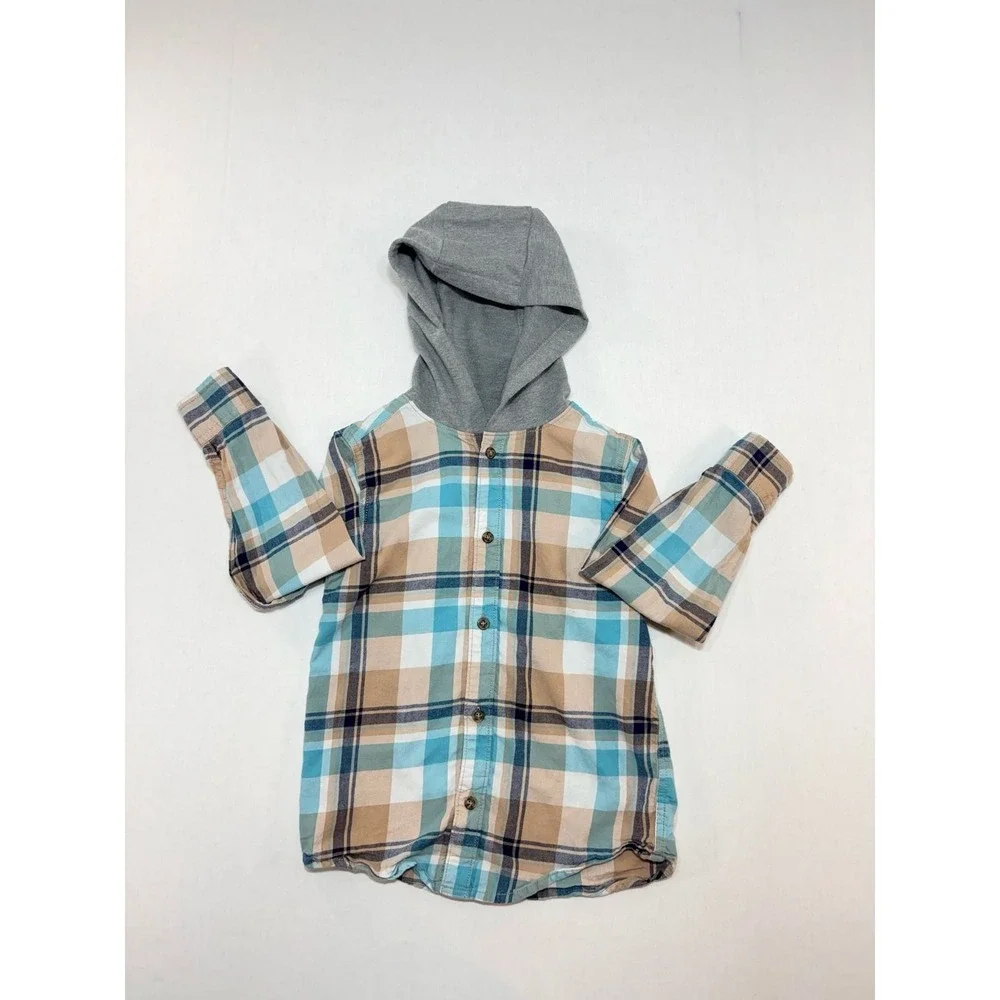 Carter's Boys Blue Tan Plaid Hooded Flannel Button Down Shirt Size 7